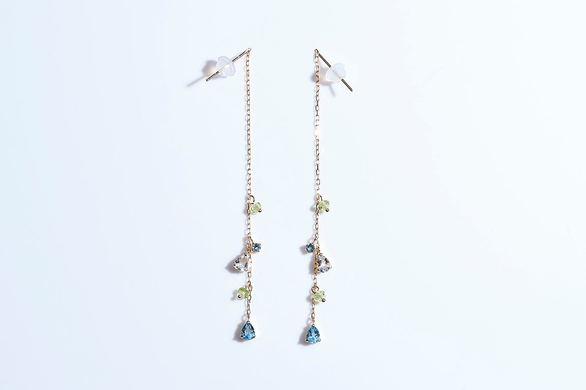 K18YG ブルートパーズ アクアマリン ペリドット ピアス -ChériB-